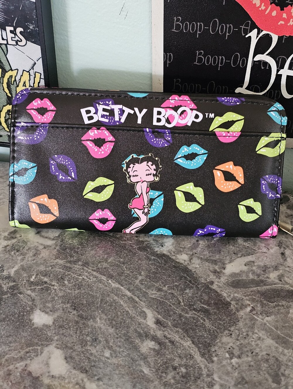 Betty Boop Black Wallet with Multi-Color Lip Prints